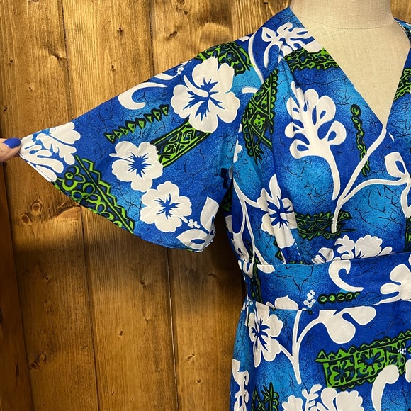 Vintage Royal Hawaiian 12 Blue White V-neck Maxi Dress - Picture 3 of 9